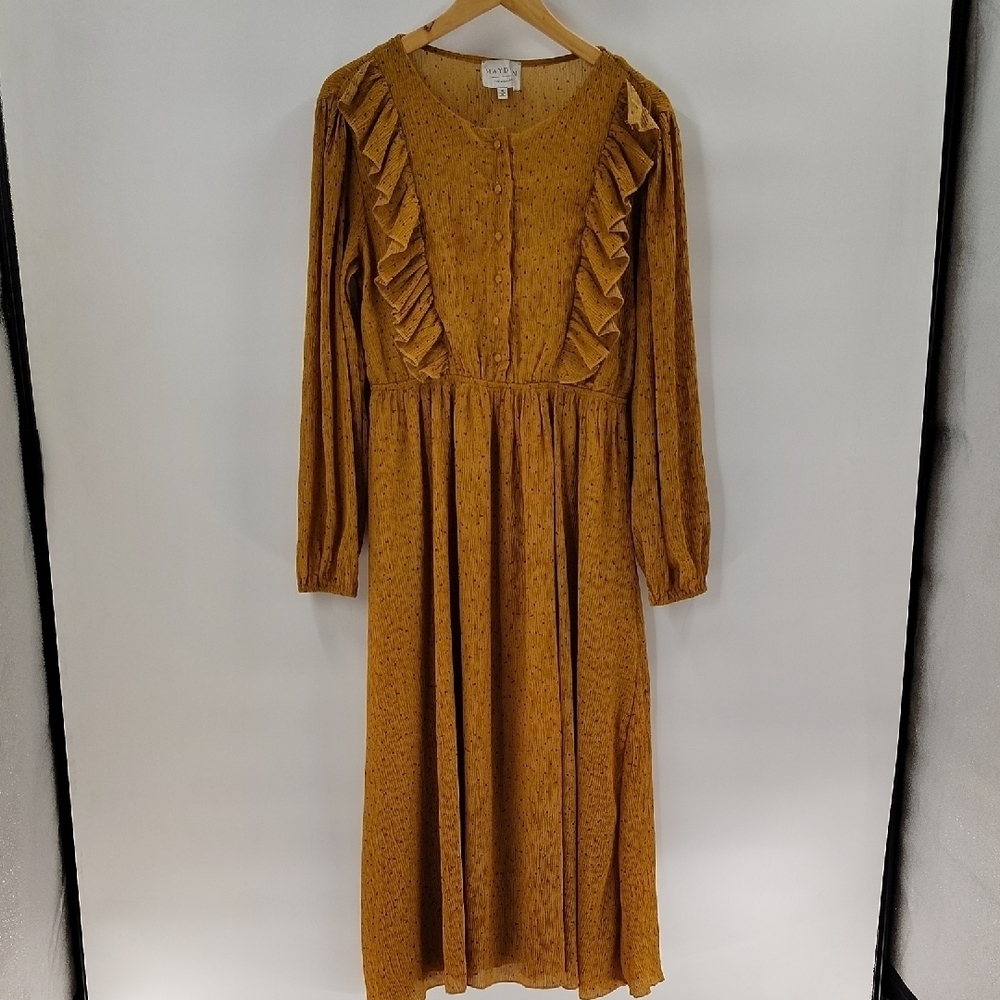 Hayden Midi Dress Size Medium Yellow Gold Ruffle Button Bodice Long Sleeve